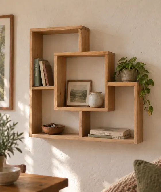 A finished geometric wall shelf