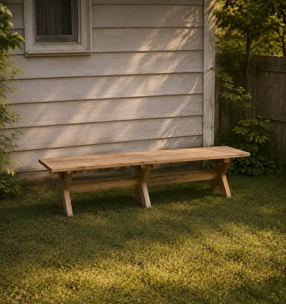 A finished x-leg garden bench