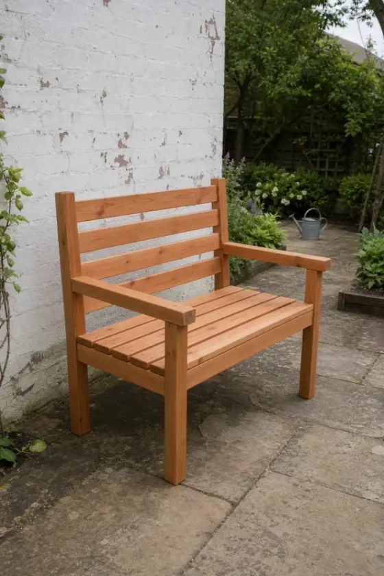 A finished slatted garden bench