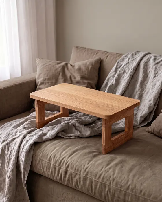 A finished wooden bed tray