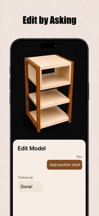 A TimberLab chat edit adds a shelf to the nightstand model